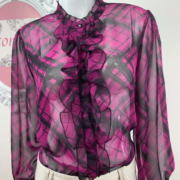 Dialogue / Ruffled Purple Black Button Up Blouse - Picture 1 of 8